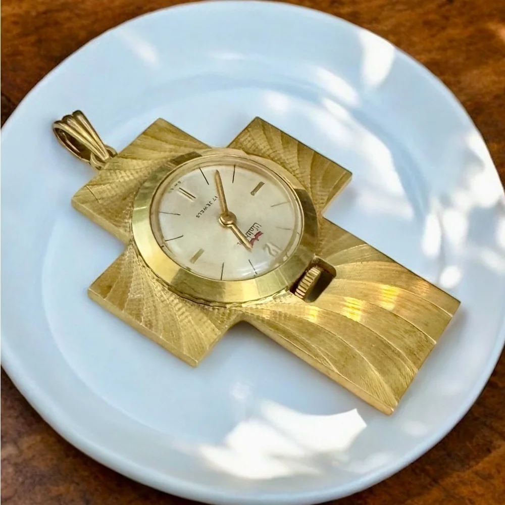 WORKING—VTG Waltham Gold-Plated Swiss 17 Jewel Mechanical Cross Pendant Watch